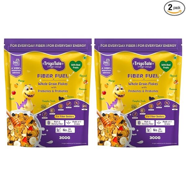 TrigoTale Fiber Fuel Flakes | High Fiber Breakfast Cereals | With Pre & Probiotics | Made of 7-Grains | Apple, Mango, Banana, Almonds & Seeds | For Fiber Seekers | 300g x 2 | 50g Honey Pack Inside