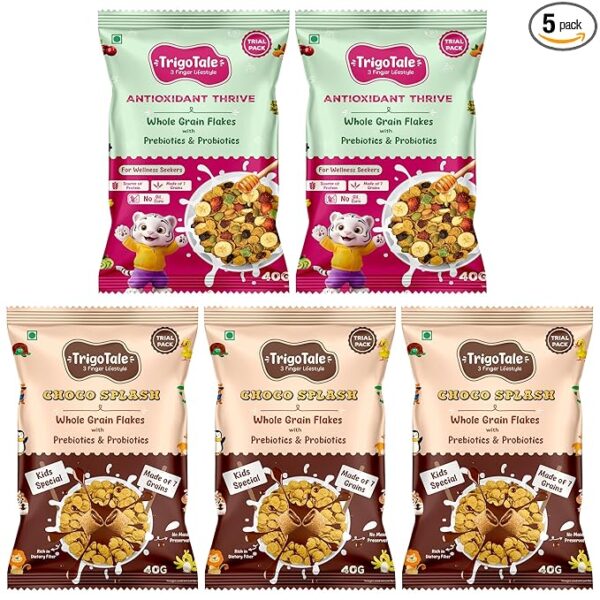 TrigoTale 2 Antioxidant Thrive With Fruits & Nuts + 3 Choco Splash With Choco Fills | 40g x 5 Trial Pack | Breakfast Cereals | For a Healthy Family | Made of 7 Grains | Pre & Probiotics | Honey Inside