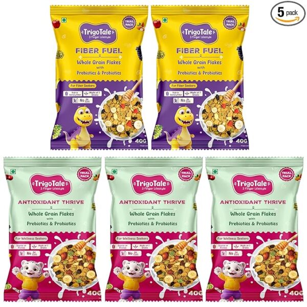 TrigoTale 2 Fiber Fuel & 3 Antioxidant Thrive | 40g x 5 Trial Pack | Breakfast Cereals | Rich in Dietary Fiber & Antioxidants | Made of 7-Grains, Fruits, Nuts & Seeds | Pre & Probiotics | Honey Inside