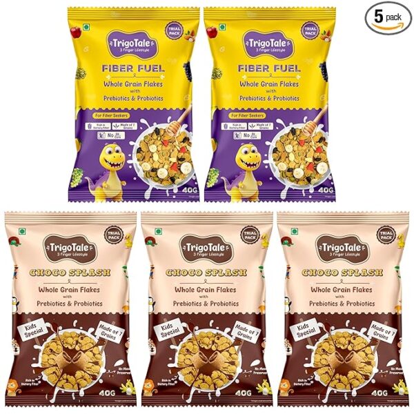 TrigoTale 2 Fiber Fuel With Fruits & Nuts + 3 Choco Splash With Fills | 40g x 5 Trial Pack | Breakfast Cereals | Everyday Energy for Adults & Kids | Made of 7 Grains | Pre & Probiotics | Honey Inside