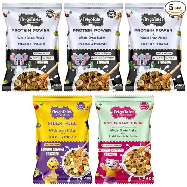 TrigoTale 3 Protein Power + Fiber Fuel + Antioxidant Thrive | 40g x 5 Trial Pack | Breakfast Cereals | Balanced Diet For Gym Goers | With Grains, Fruits, Nuts & Seeds | Pre & Probiotics | Honey Inside