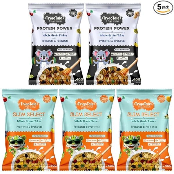 TrigoTale 3 Slim Select + 2 Protein Power With Almonds | 40g x 5 Trial Pack | Breakfast Cereals | For Family in Weight Control & Muscle Gain | Made of Grains & Fruits | Pre & Probiotics | Honey Inside