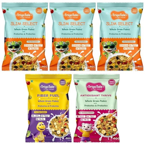 TrigoTale 3 Slim Select + Fiber Fuel + Antioxidant Thrive | 40g x 5 Trial Pack | Breakfast Cereals | Balanced Diet For Low Fat Seekers | With 7 Grains & Real Fruits | Pre & Probiotics | Honey Inside