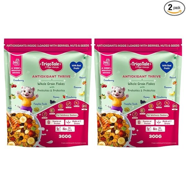 TrigoTale Antioxidant Thrive Flakes | Rich in Antioxidants | Breakfast Cereals | With Prebiotics & Probiotics | Made of 7-Grains | With Real Fruits, Almonds & Seeds | 300g x 2 | 50g Honey Pack Inside