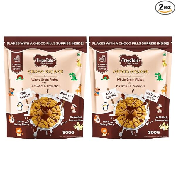 TrigoTale Choco Splash | Kids Special Breakfast Cereals | With Choco Fills | Made of 9 Grains | High Fiber | No Maida, No Corn | With Prebiotics & Probiotics | 300g x 2 | 50g Honey Pack Inside