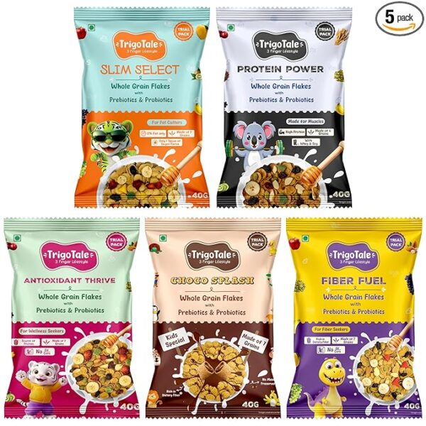 TrigoTale 5 Versions | Fiber Fuel + Antioxidants Thrive + Slim Select + Protein Power + Choco Splash | 40g x 5 Trial Packs | Breakfast Cereals | Made of 7 Grains | With Pre & Probiotics | Honey Pack Inside