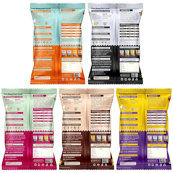 TrigoTale 5 Versions | Fiber Fuel + Antioxidants Thrive + Slim Select + Protein Power + Choco Splash | 40g x 5 Trial Packs | Breakfast Cereals | Made of 7 Grains | With Pre & Probiotics | Honey Pack Inside - Image 2