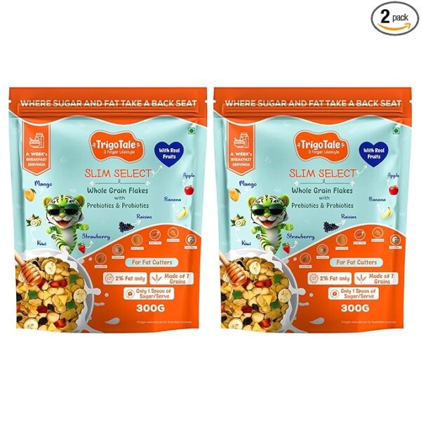 TrigoTale Slim Select Flakes | Low Fat Breakfast Cereals, Only 2% Fat, Only 1 Spoon of Sugar Per Serve | Prebiotics & Probiotics | Made of 7-Grains | Real Fruits - (300g x 2 + 50g Honey Pack Inside)