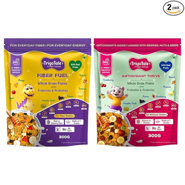 TrigoTale Fiber Fuel & Antioxidant Thrive | 300g x 2 Pack | Breakfast Cereals | Rich in Dietary Fiber & Antioxidants | Made of 7-Grain, Fruits, Nuts & Seeds | Pre & Probiotics | 50g Honey Pack Inside
