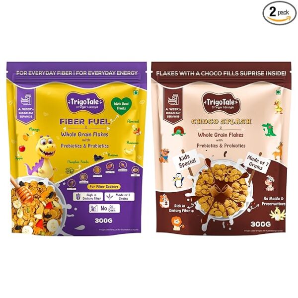 TrigoTale Fiber Fuel With Fruits & Nuts + Choco Splash With Choco Fills | 300g x 2 Pack | Breakfast Cereals | Everyday Energy for Adults & Kids | Made of 7 Grains | Pre & Probiotics | 50g Honey Inside