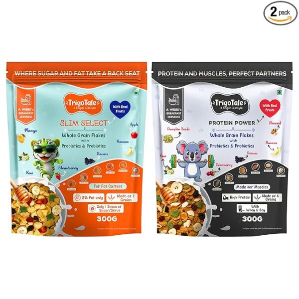 TrigoTale Slim Select & Protein Power With Almonds | 300g x 2 Pack | Breakfast Cereals | For Family in Weight Control & Muscle Building | Made of Grains & Fruits | Pre & Probiotics | 50g Honey Inside